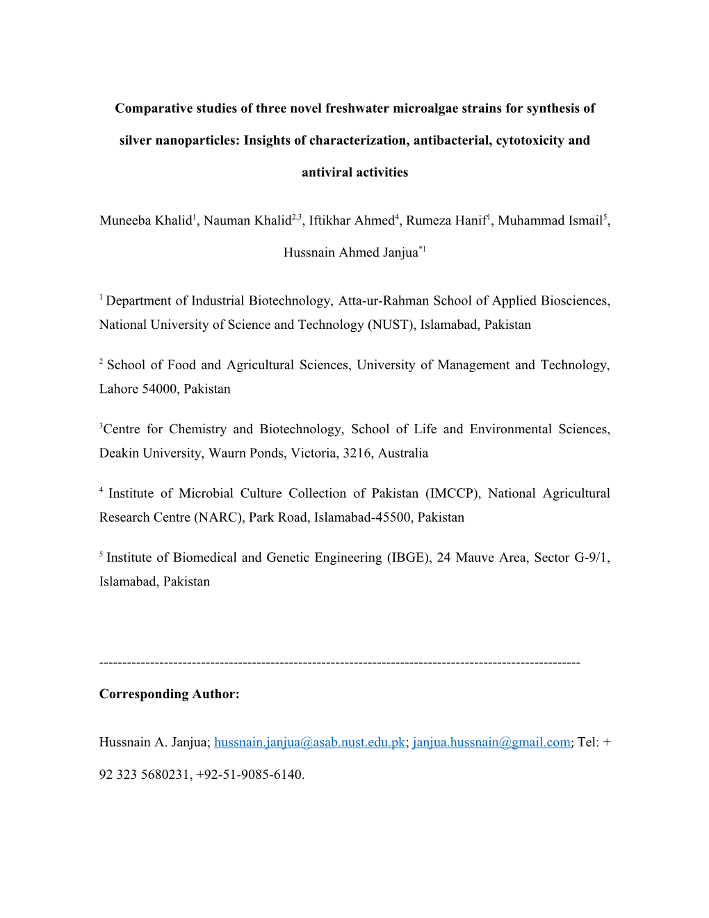 Comparative Studies of Three Novel Freshwater Microalgae Strains for Synthesis of Silver