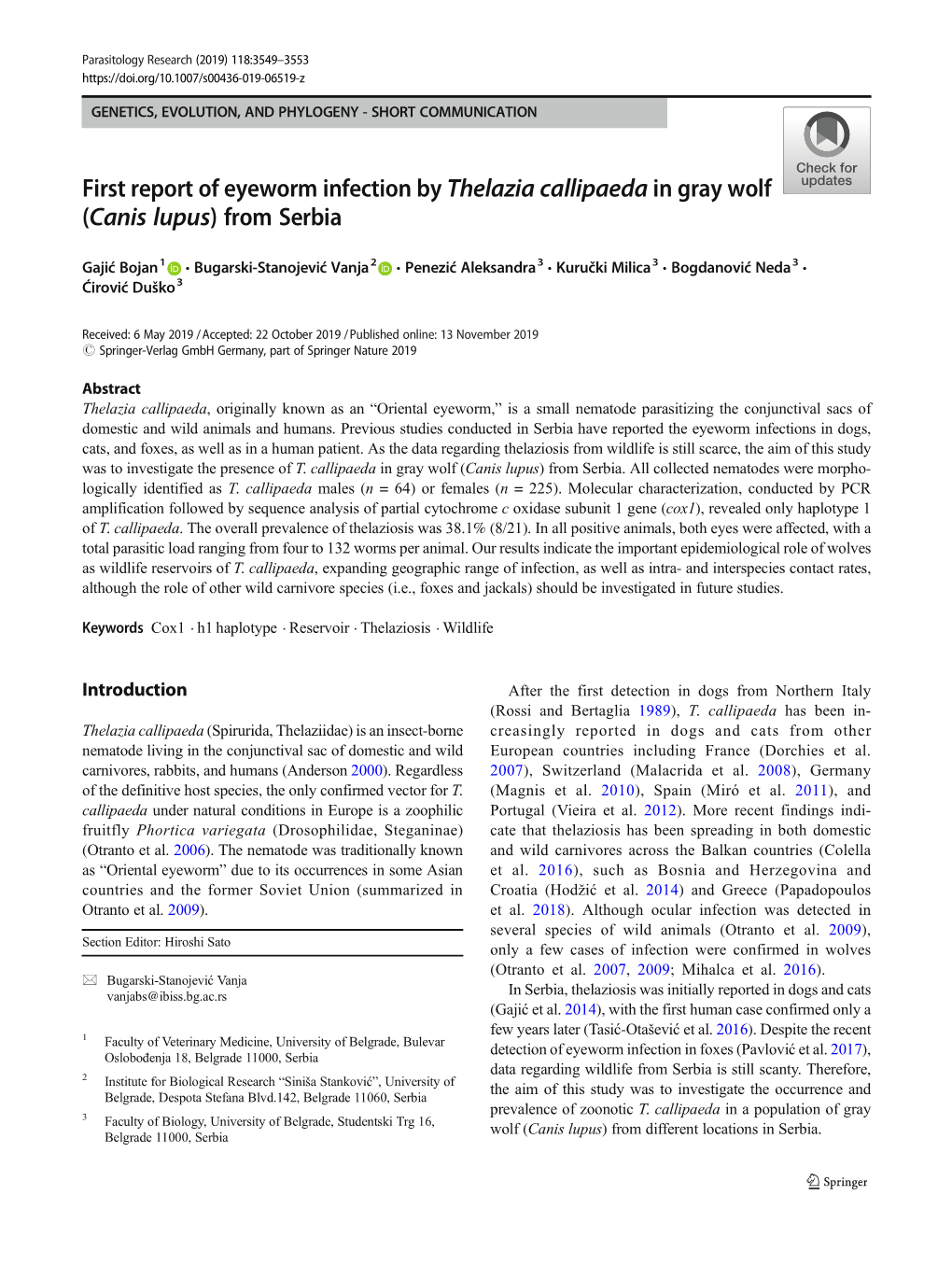 First Report of Eyeworm Infection by Thelazia Callipaeda in Gray Wolf (Canis Lupus) from Serbia