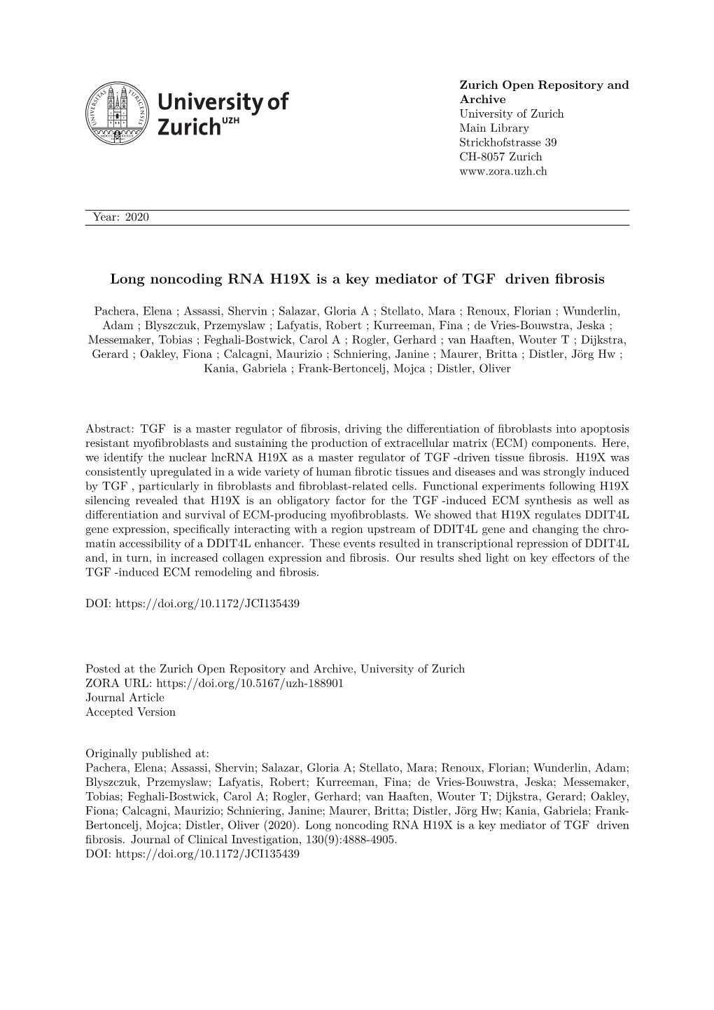 Long Noncoding RNA H19X Is a Key Mediator of Tgfβ Driven Fibrosis