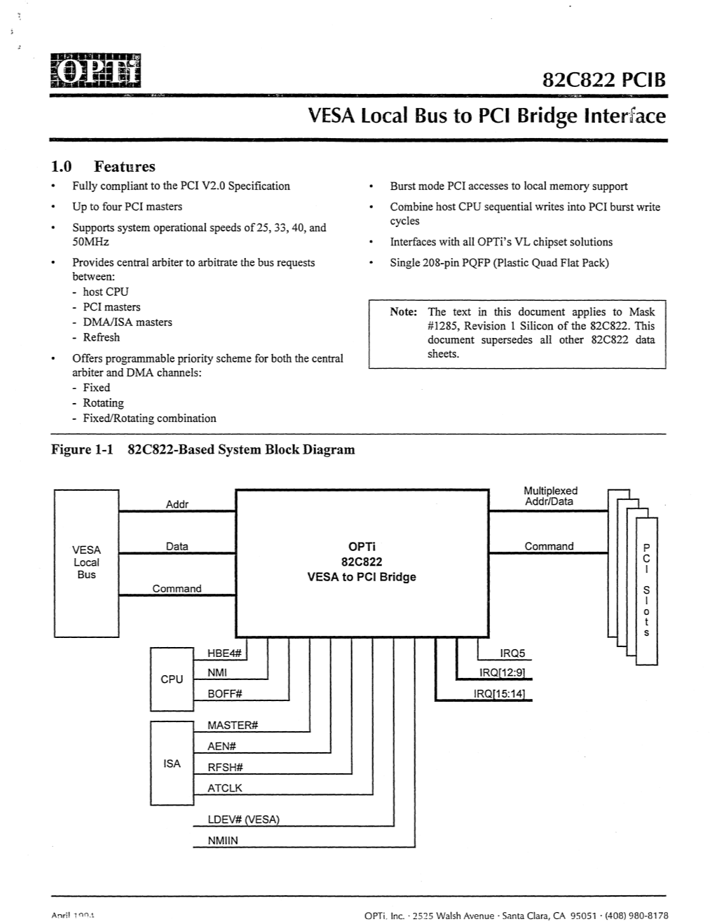 82C822 PCIB VESA Local Bus to PCI Bridge Inter-Face