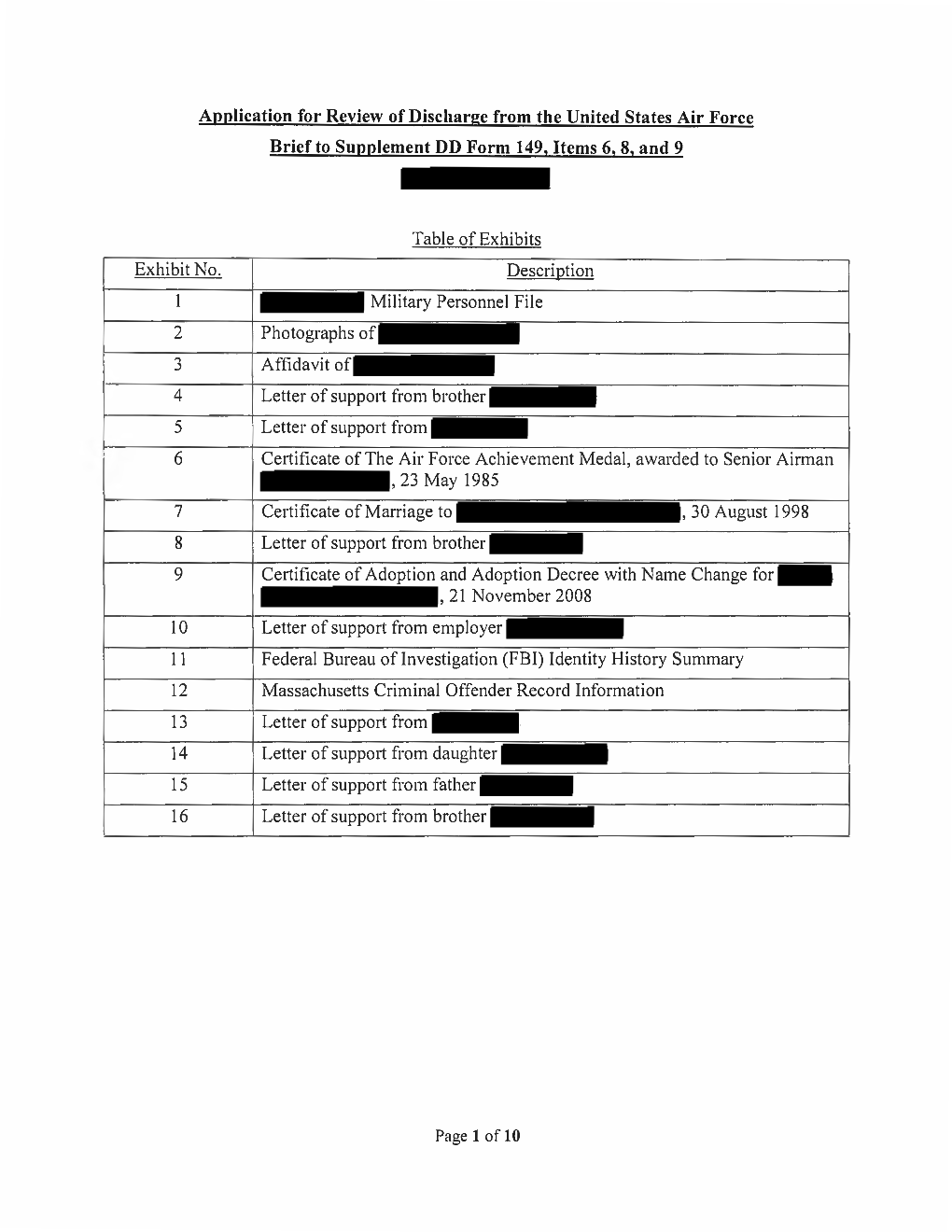 Application for Review of Discharge from the United States Air Force Brief to Supplement DD Form 149, Items 6, 8, and 9