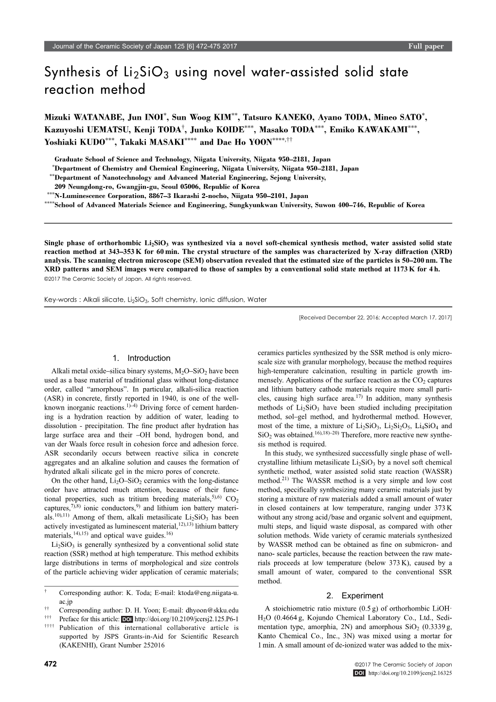 Synthesis of Li2sio3 Using Novel Water Assisted Solid State Reaction Method