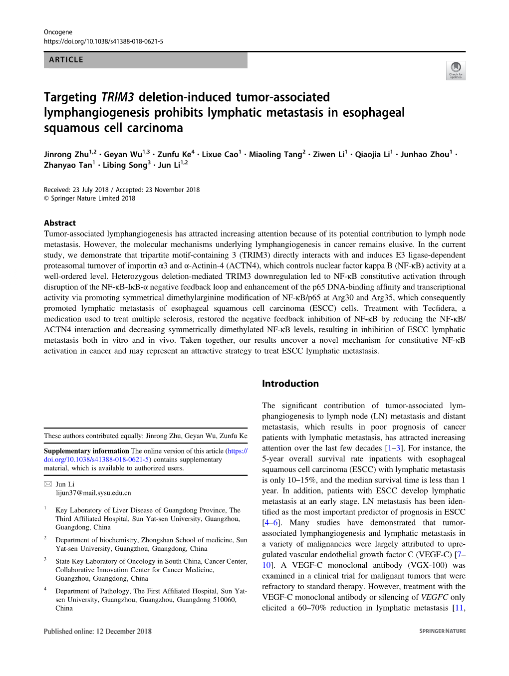 Targeting TRIM3 Deletion-Induced Tumor-Associated Lymphangiogenesis Prohibits Lymphatic Metastasis in Esophageal Squamous Cell Carcinoma