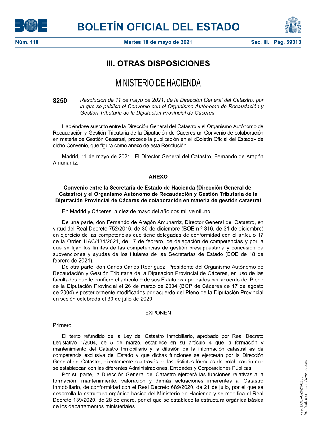 Disposición 8250 Del BOE Núm. 118 De 2021