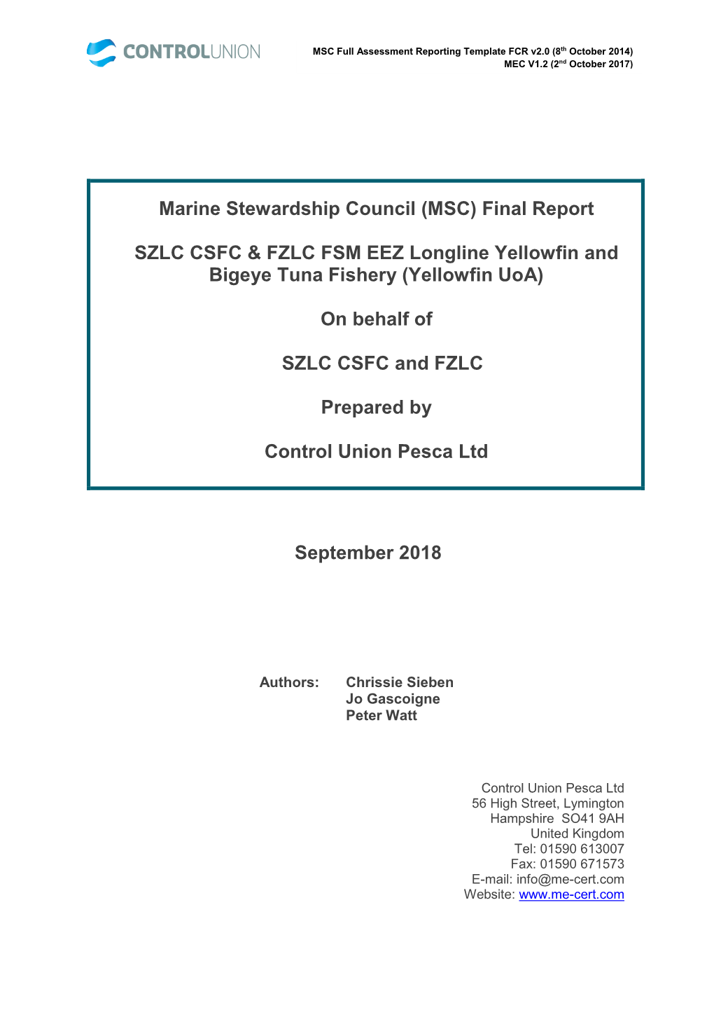 Marine Stewardship Council (MSC) Final Report SZLC CSFC & FZLC