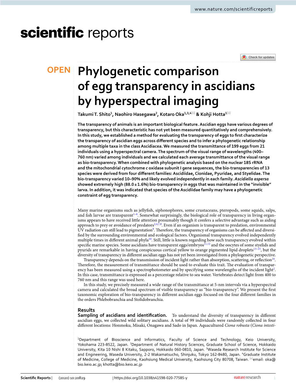 Phylogenetic Comparison of Egg Transparency in Ascidians by Hyperspectral Imaging Takumi T