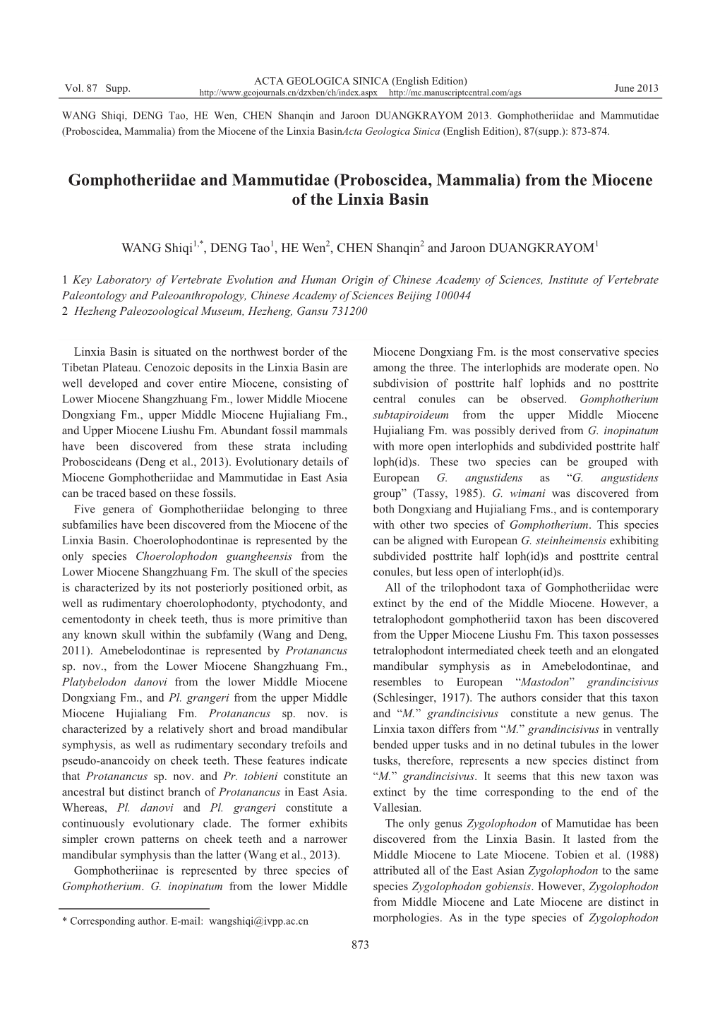 Gomphotheriidae and Mammutidae (Proboscidea, Mammalia) from the Miocene of the Linxia Basinacta Geologica Sinica (English Edition), 87(Supp.): 873-874