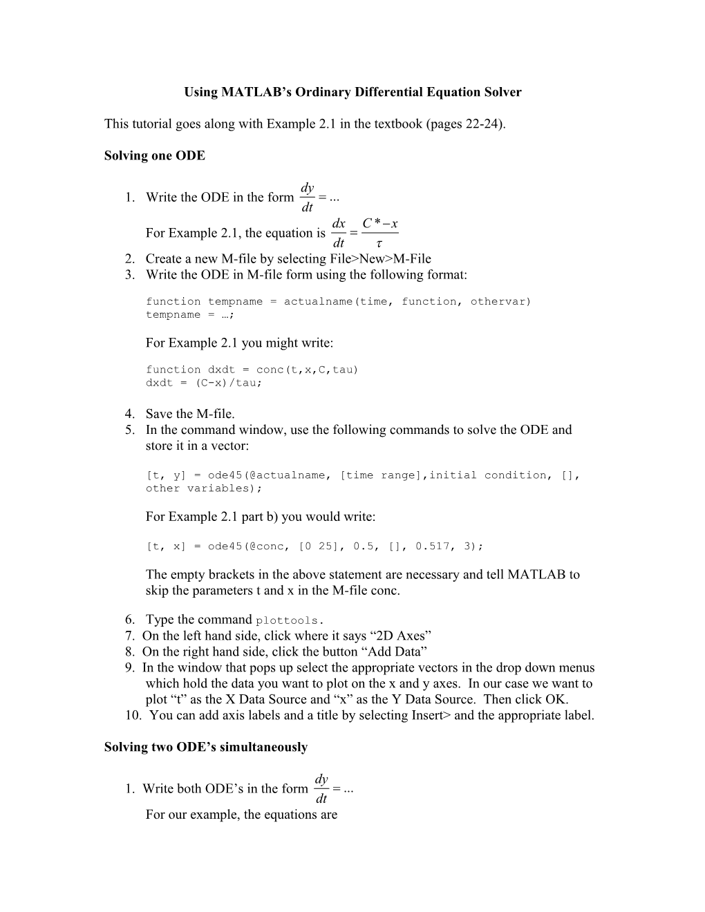 Using MATLAB’S Differential Equation Solver