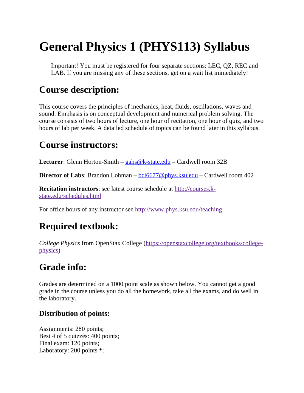 General Physics 1 (PHYS113) Syllabus