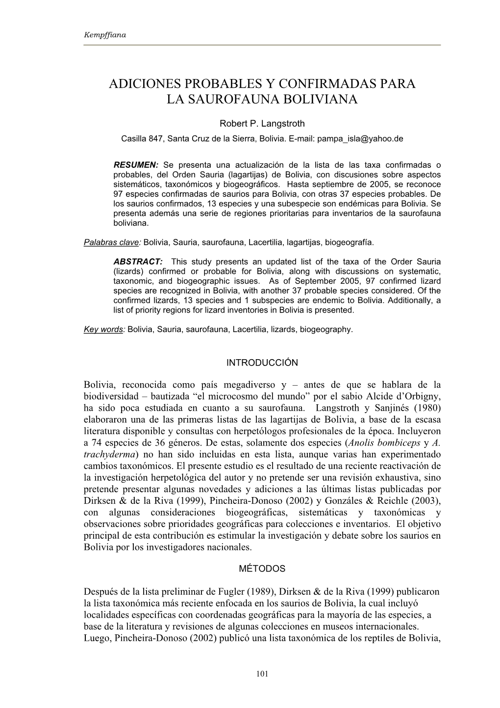 Adiciones Probables Y Confirmadas Para La Saurofauna Boliviana