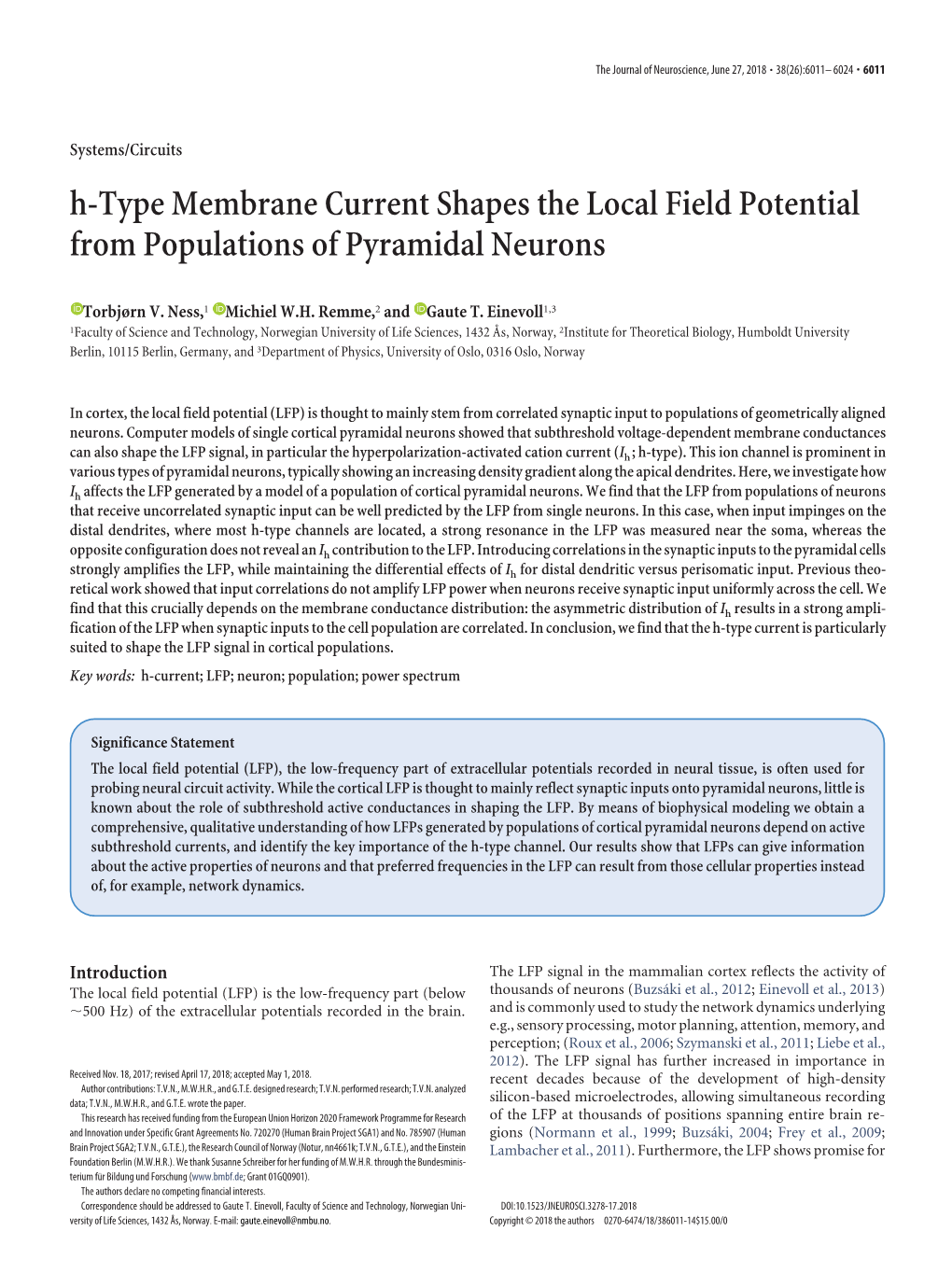 H-Type Membrane Current Shapes the Local Field Potential from Populations of Pyramidal Neurons