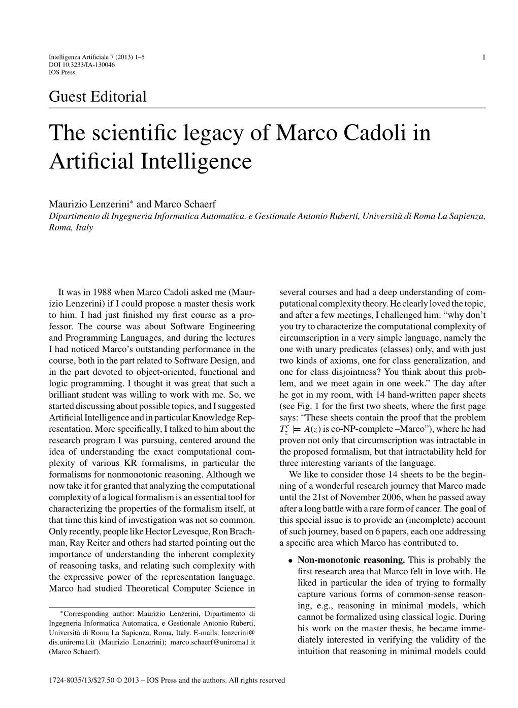 The Scientific Legacy of Marco Cadoli in Artificial Intelligence