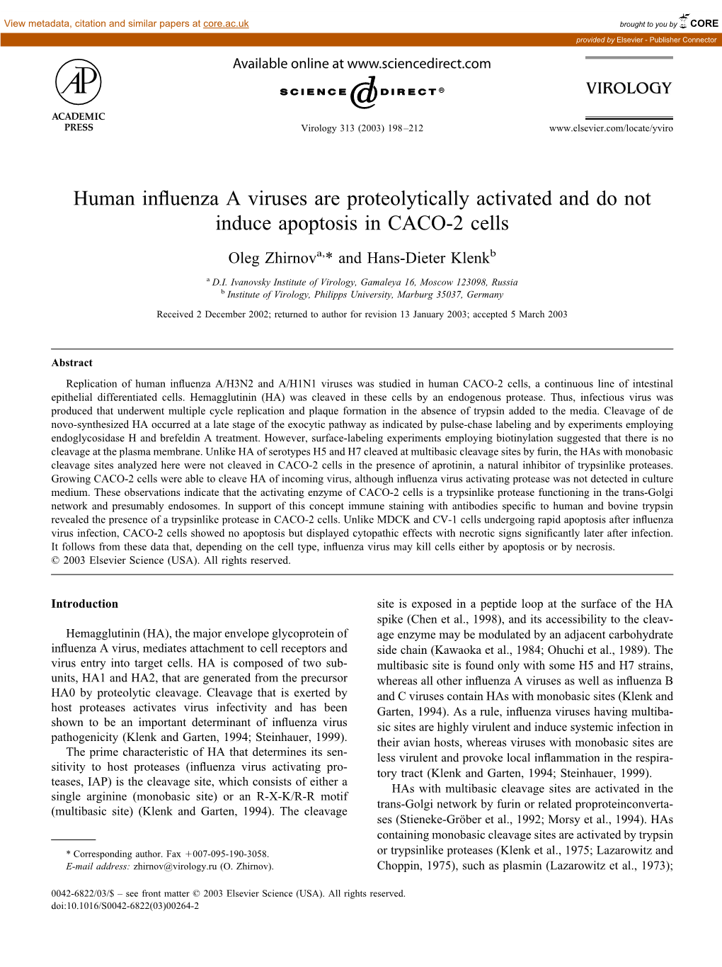 Human Influenza a Viruses Are Proteolytically Activated and Do Not