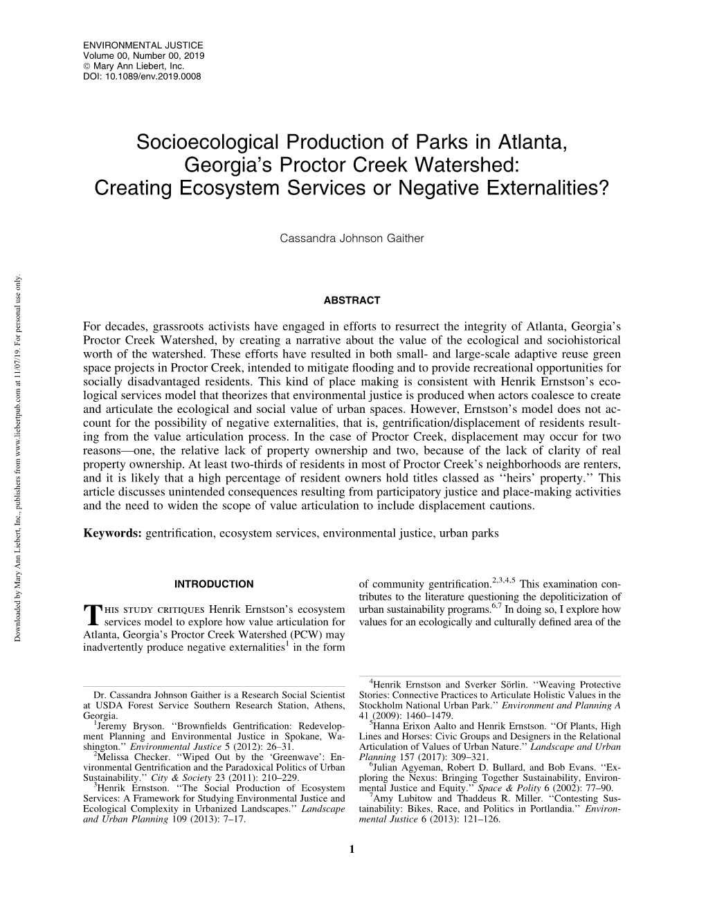 Socioecological Production of Parks in Atlanta, Georgia's Proctor Creek Watershed