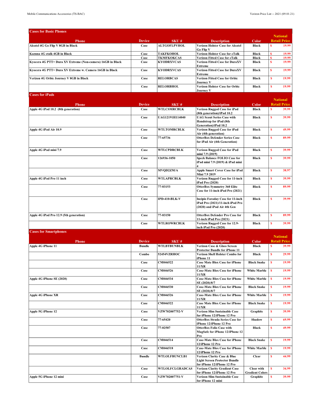 Mobile Communications Accessories (TS-BAC) Verizon Wireless Price List