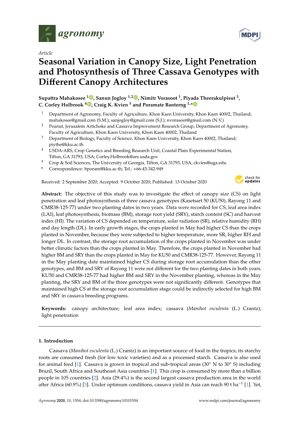 Seasonal Variation in Canopy Size, Light Penetration and Photosynthesis of Three Cassava Genotypes with Diﬀerent Canopy Architectures