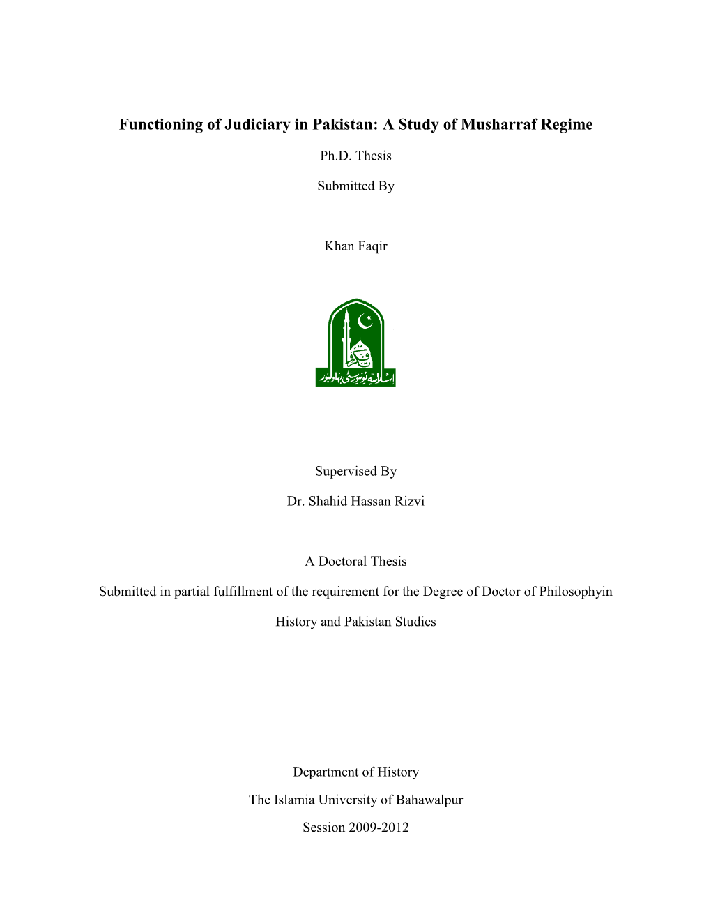 Functioning of Judiciary in Pakistan: a Study of Musharraf Regime