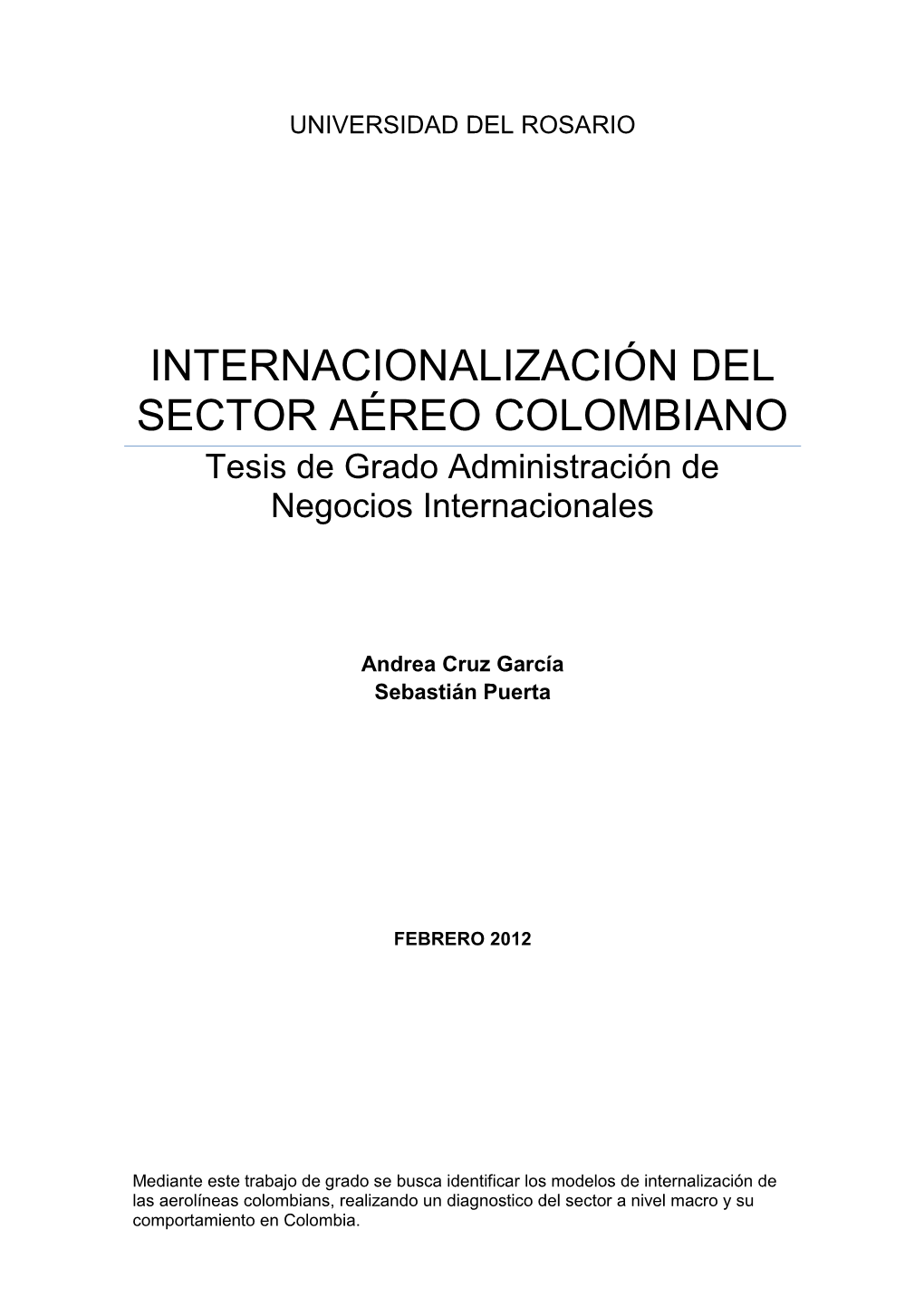 INTERNACIONALIZACIÓN DEL SECTOR AÉREO COLOMBIANO Tesis De Grado Administración De Negocios Internacionales