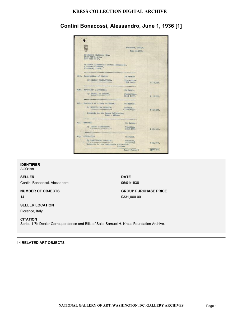 Summary for Contini Bonacossi, Alessandro, June 1, 1936 [1