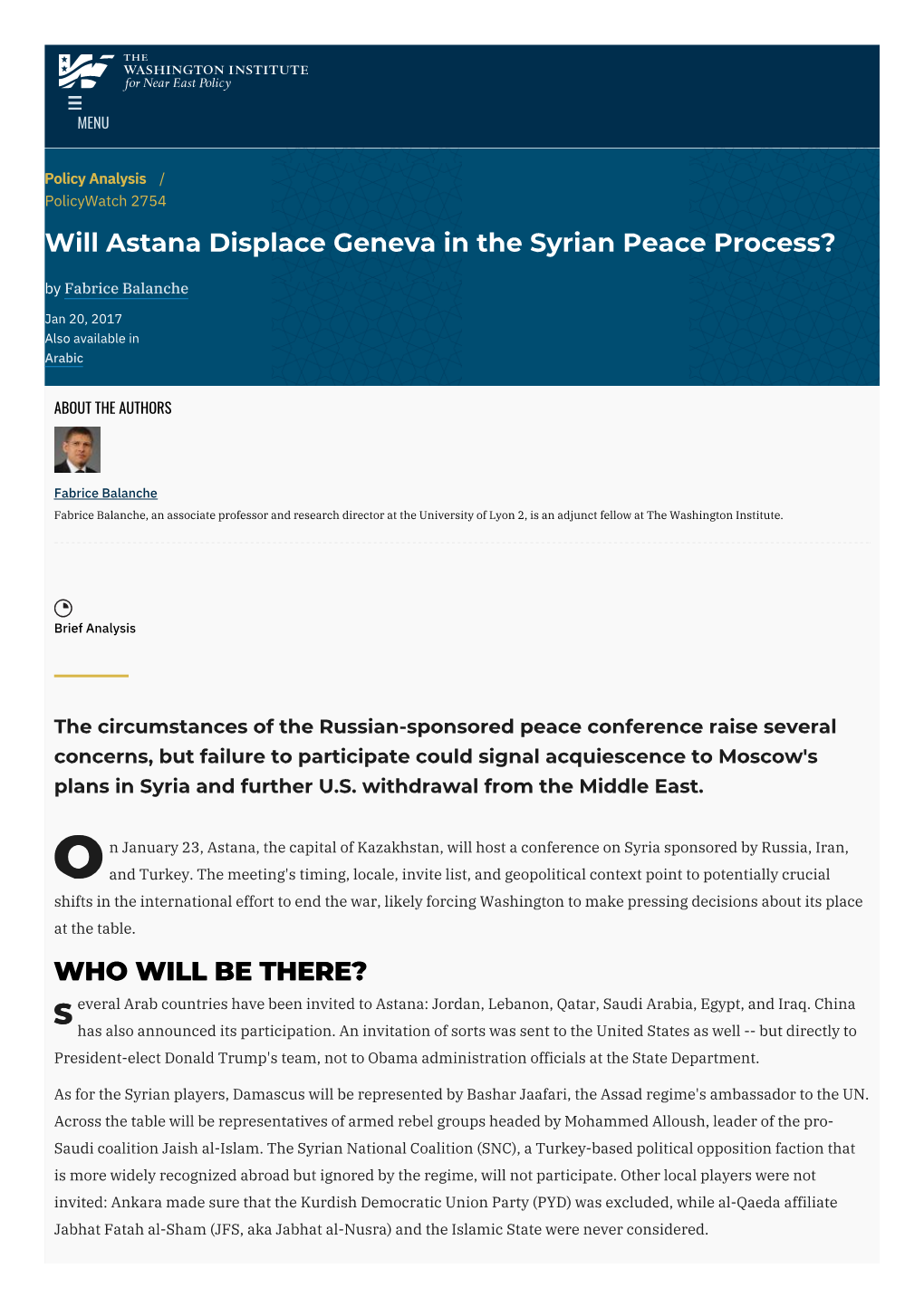 Will Astana Displace Geneva in the Syrian Peace Process? by Fabrice Balanche
