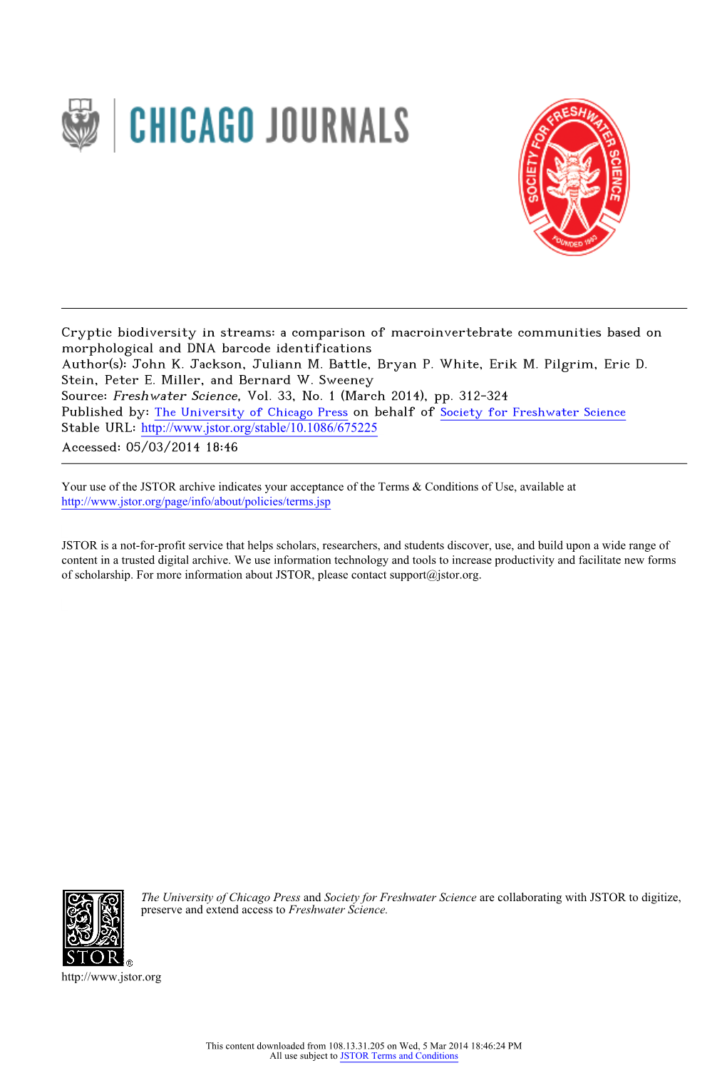 Cryptic Biodiversity in Streams: a Comparison of Macroinvertebrate Communities Based on Morphological and DNA Barcode Identifications Author(S): John K