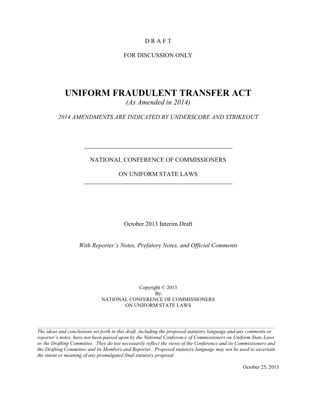 UNIFORM FRAUDULENT TRANSFER ACT (As Amended in 2014)