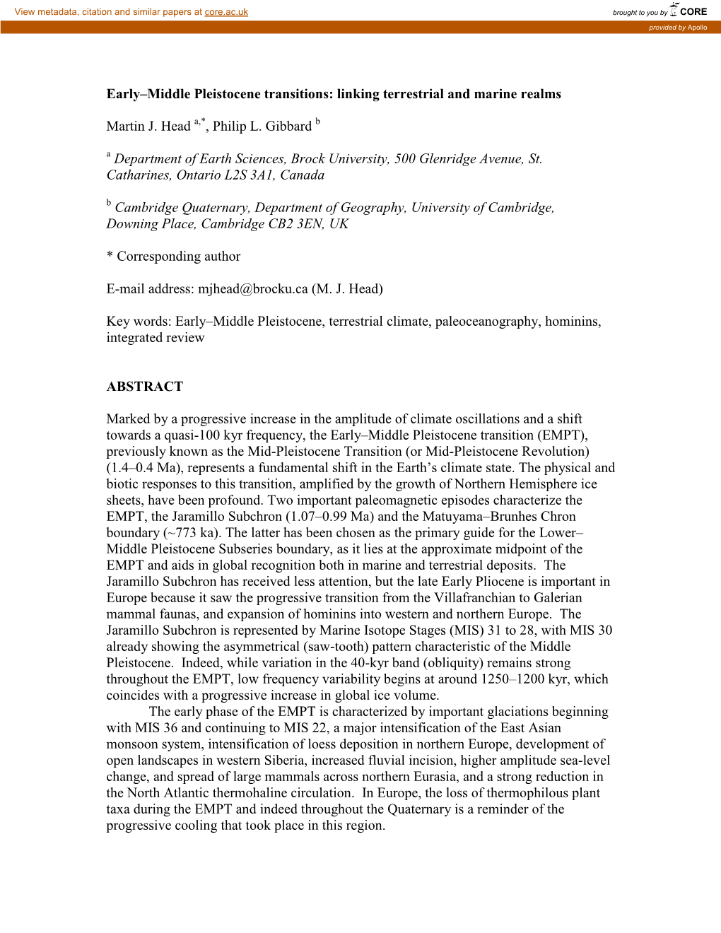 Early–Middle Pleistocene Transitions: Linking Terrestrial and Marine Realms