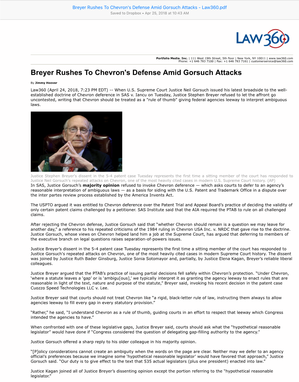 Breyer Rushes to Chevron's Defense Amid Gorsuch Attacks Breyer