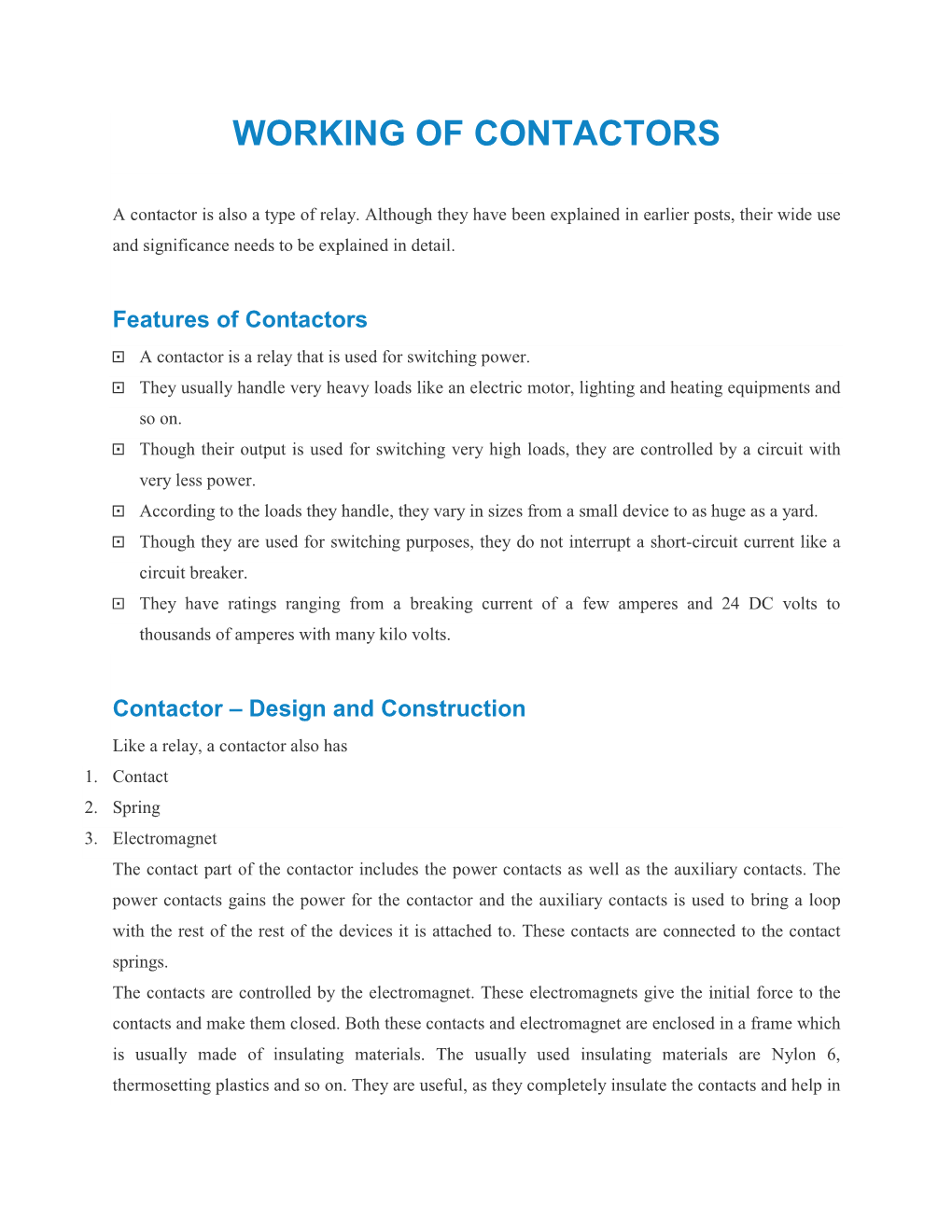 Working of Contactors