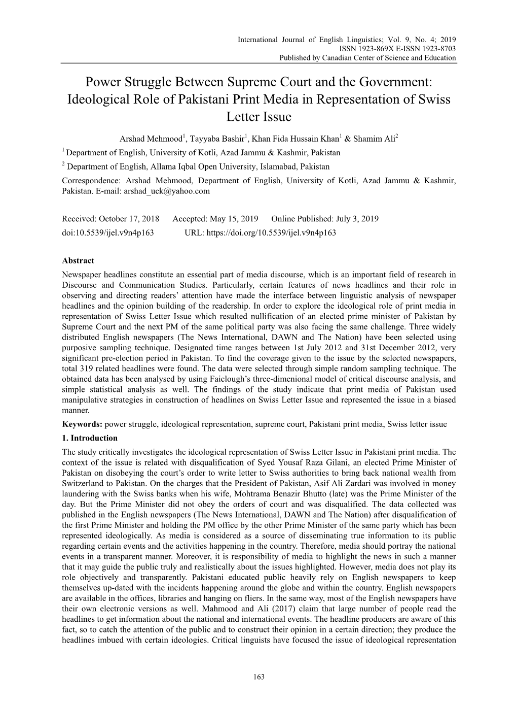 Power Struggle Between Supreme Court and the Government: Ideological Role of Pakistani Print Media in Representation of Swiss Letter Issue