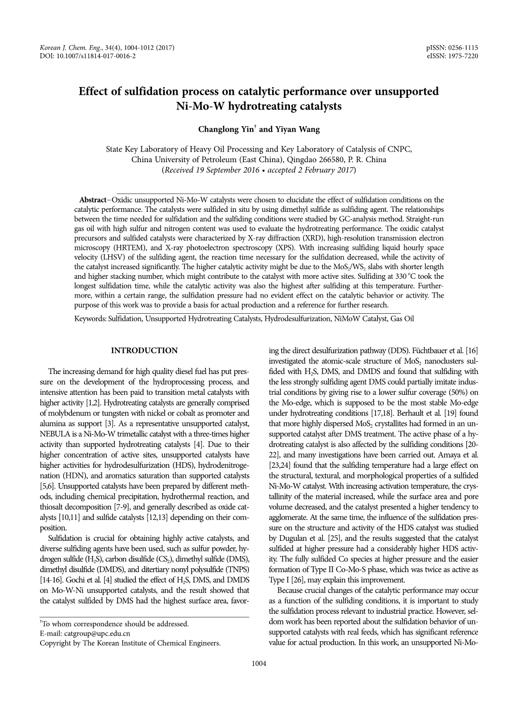 Effect of Sulfidation Process on Catalytic Performance Over Unsupported Ni-Mo-W Hydrotreating Catalysts