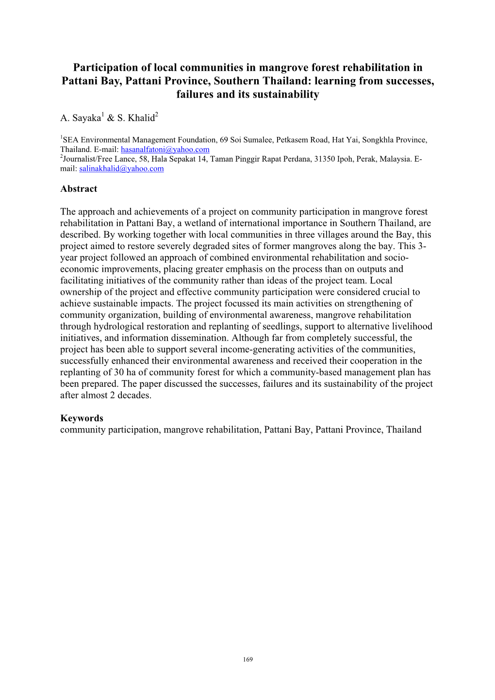 Participation of Local Communities in Mangrove Forest Rehabilitation in Pattani Bay, Pattani Province, Southern Thailand: Learni