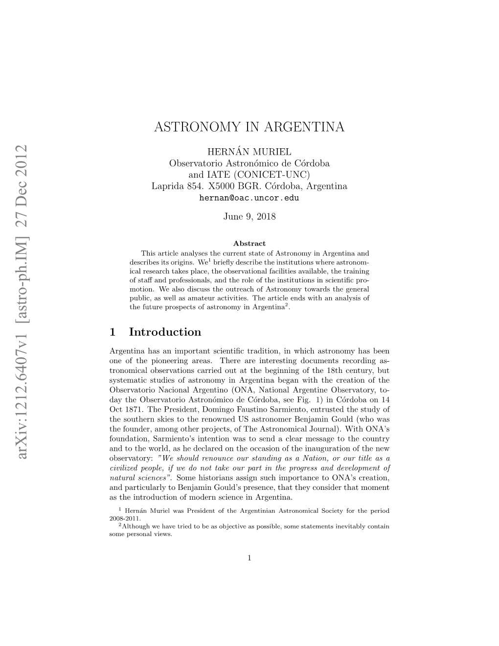 Astronomy in Argentina Was the Creation of the Astronomical Observatory of La Plata in 1883 (See Fig