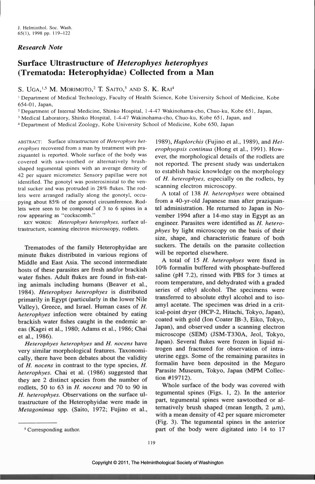 Surface Ultrastructure of Heterophyes Heterophyes (Trematoda: Heterophyidae) Collected from a Man