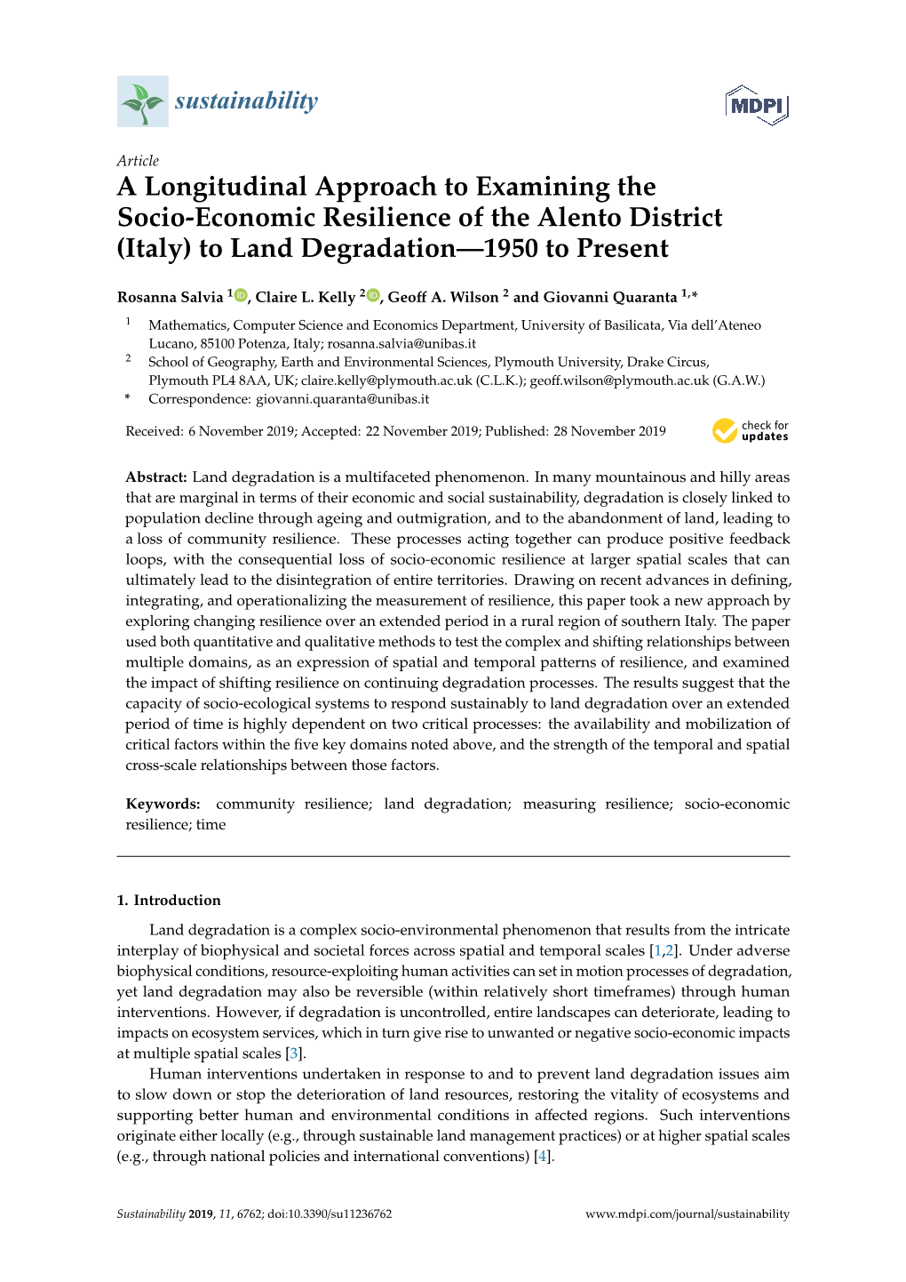 A Longitudinal Approach to Examining the Socio-Economic Resilience of the Alento District (Italy) to Land Degradation—1950 to Present