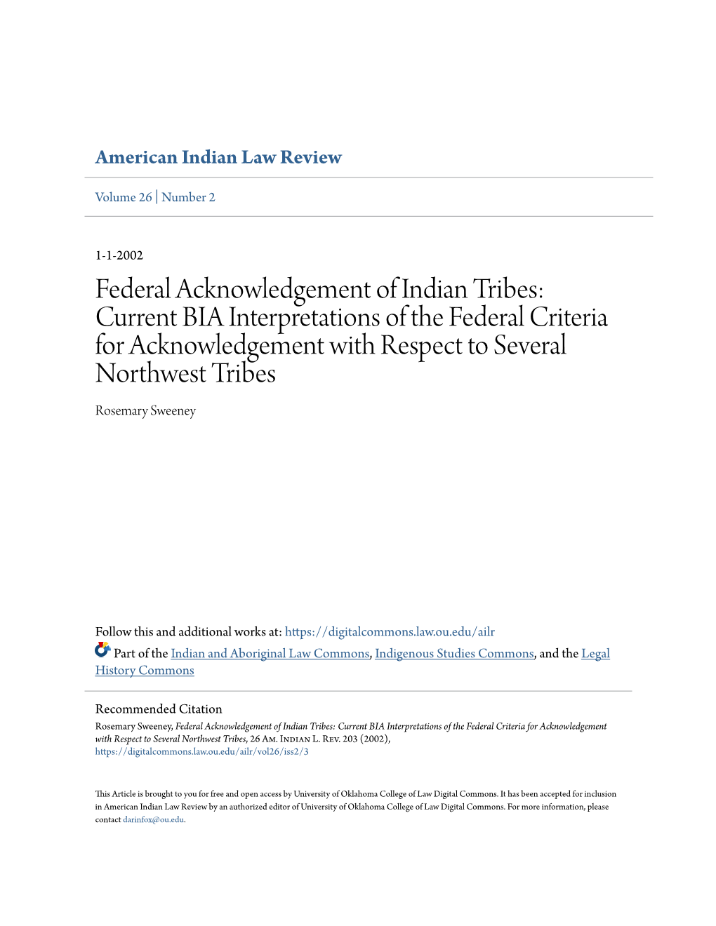 Federal Acknowledgement of Indian Tribes