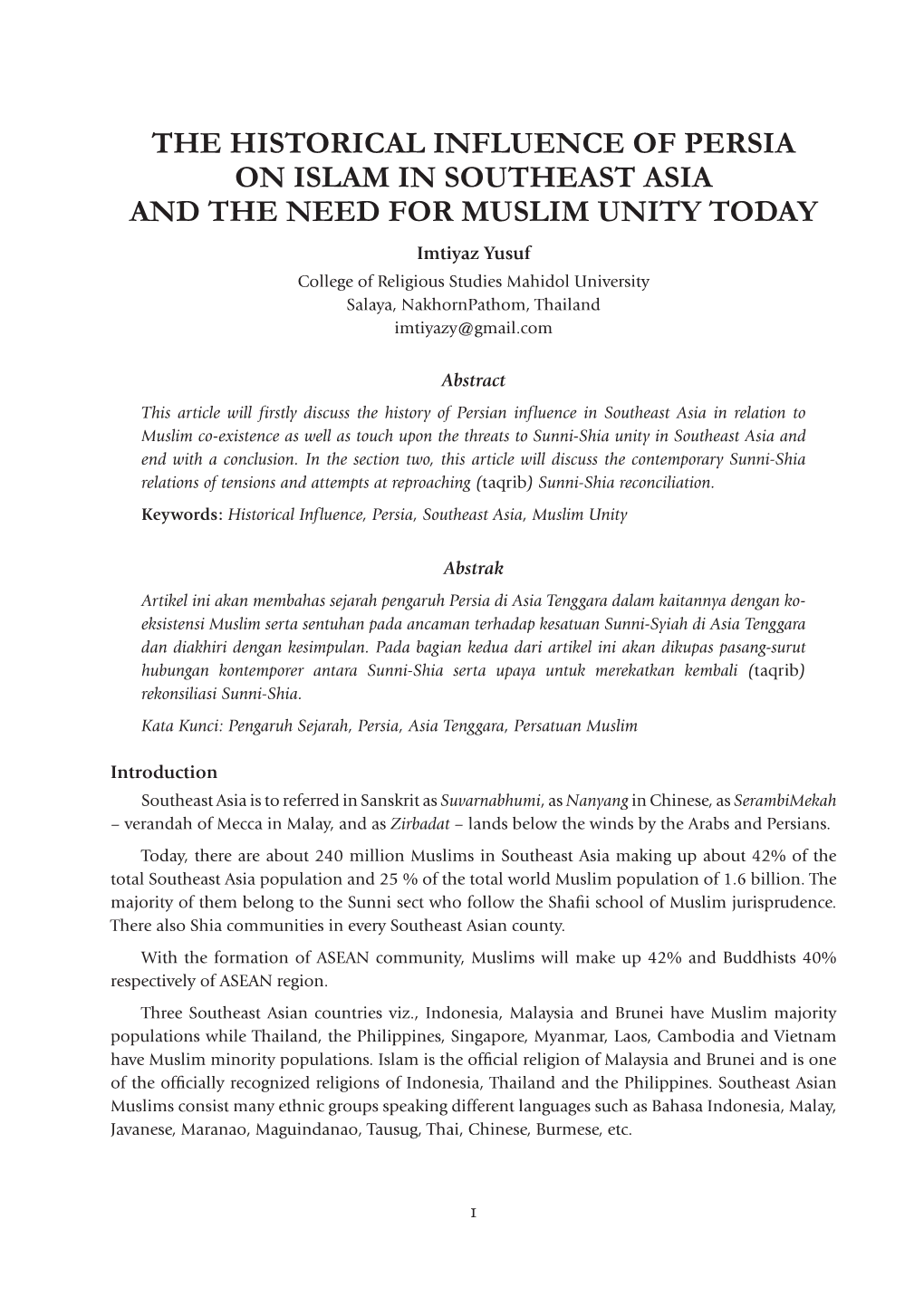 The Historical Influence of Persia on Islam in Southeast Asia and the Need for Muslim Unity Today