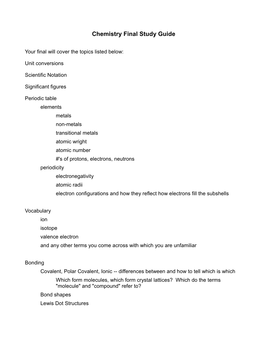 Chemistry Final Study Guide s1