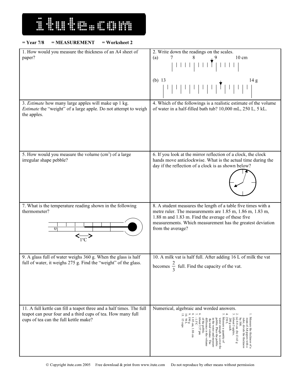 = Year 7/8 = MEASUREMENT = Worksheet 2