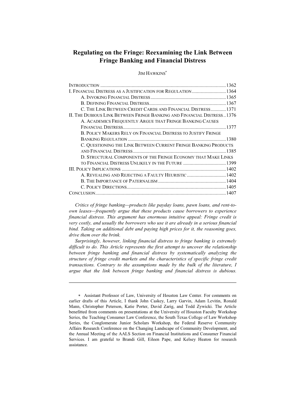 Regulating on the Fringe: Reexamining the Link Between Fringe Banking and Financial Distress
