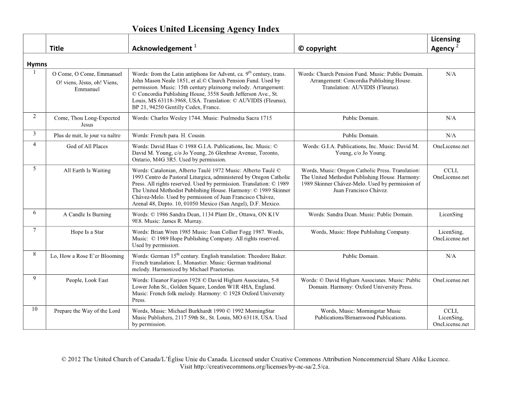 Voices United Licensing Agency Index Licensing Title Acknowledgement 1 © Copyright Agency 2