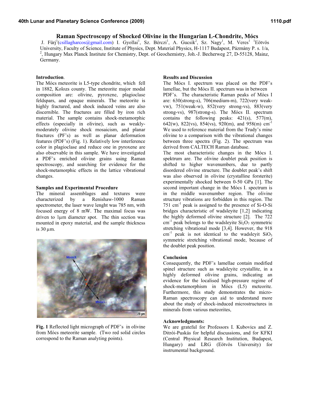 Raman Spectroscopy of Shocked Olivine in the Hungarian L-Chondrite, Mócs J