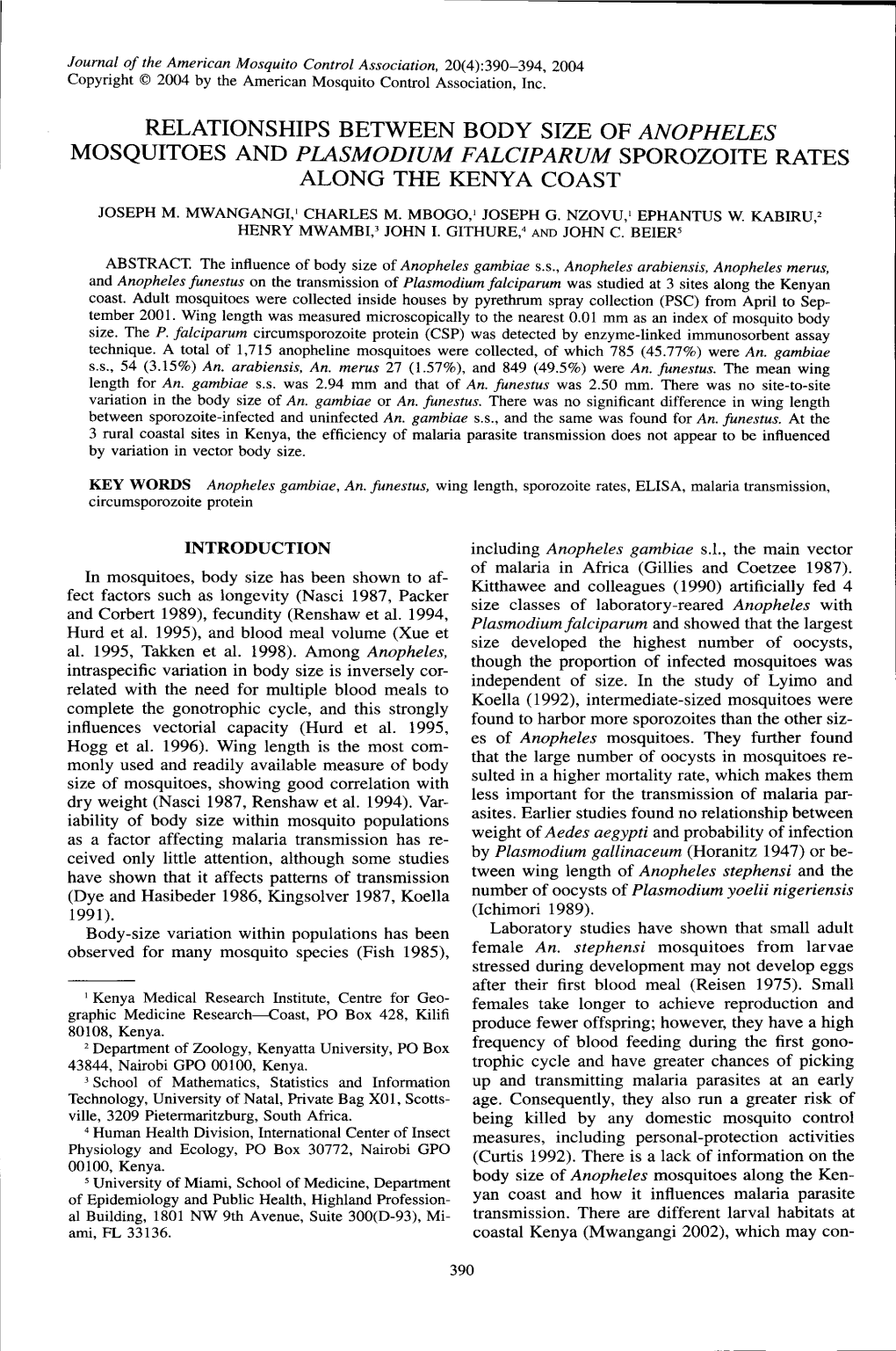 Relationships Between Body Size of Anopheles Mosquitoes and Piasmodium Falciparum Sporozoite Rates Along the Kenya Coast