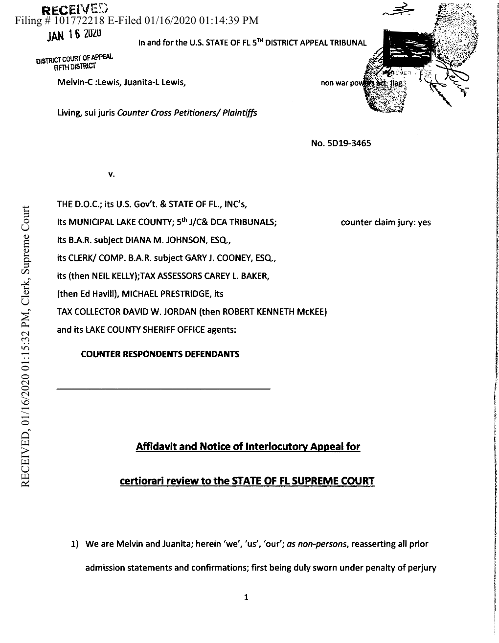 Recel\F E:) Filing # 101772218 E-Filed 01/16/2020Via USPS CERTIFICATE 01:14:39 of PM MAILING January 13, 2020 JAN 16 2020 in and for the U.S