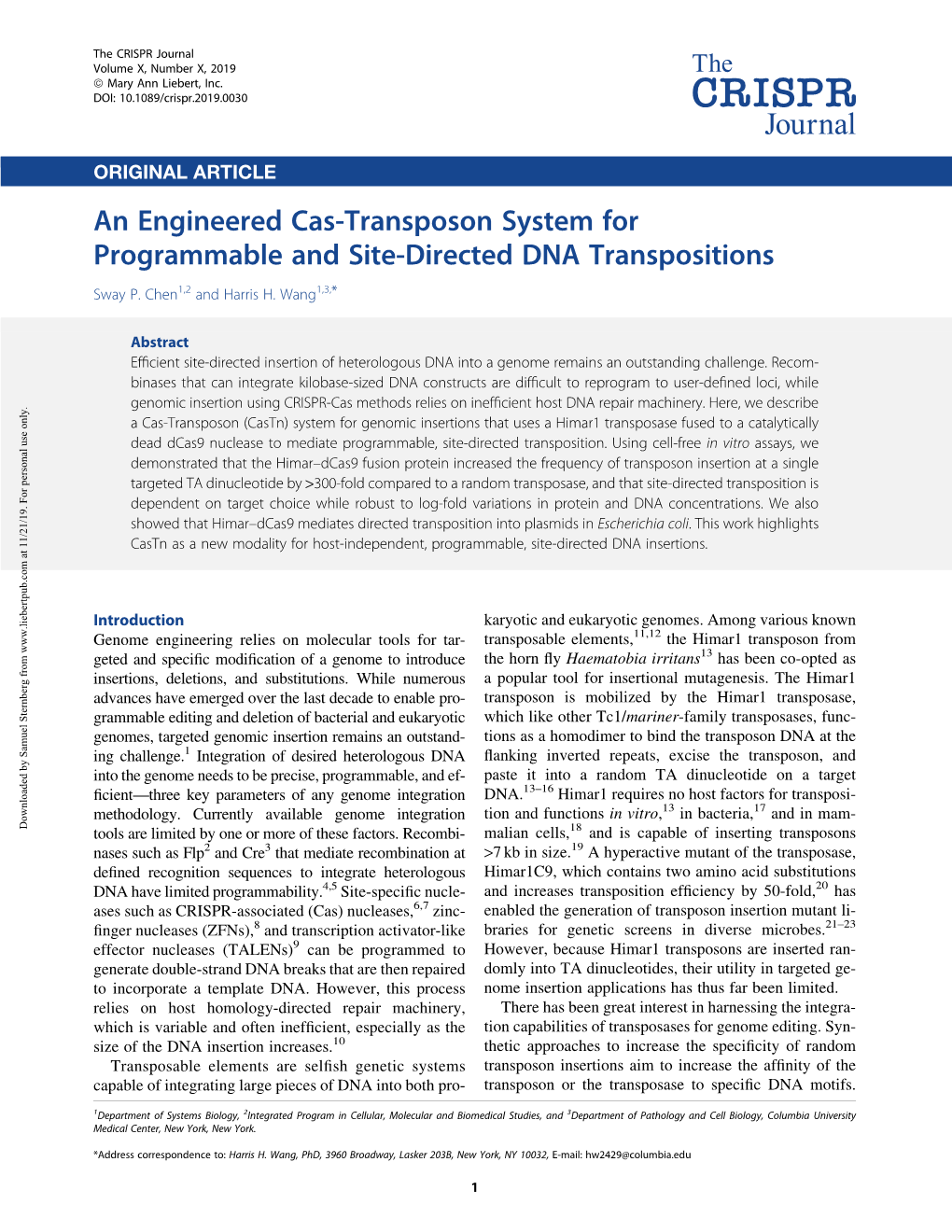 An Engineered Cas-Transposon System for Programmable and Site-Directed DNA Transpositions