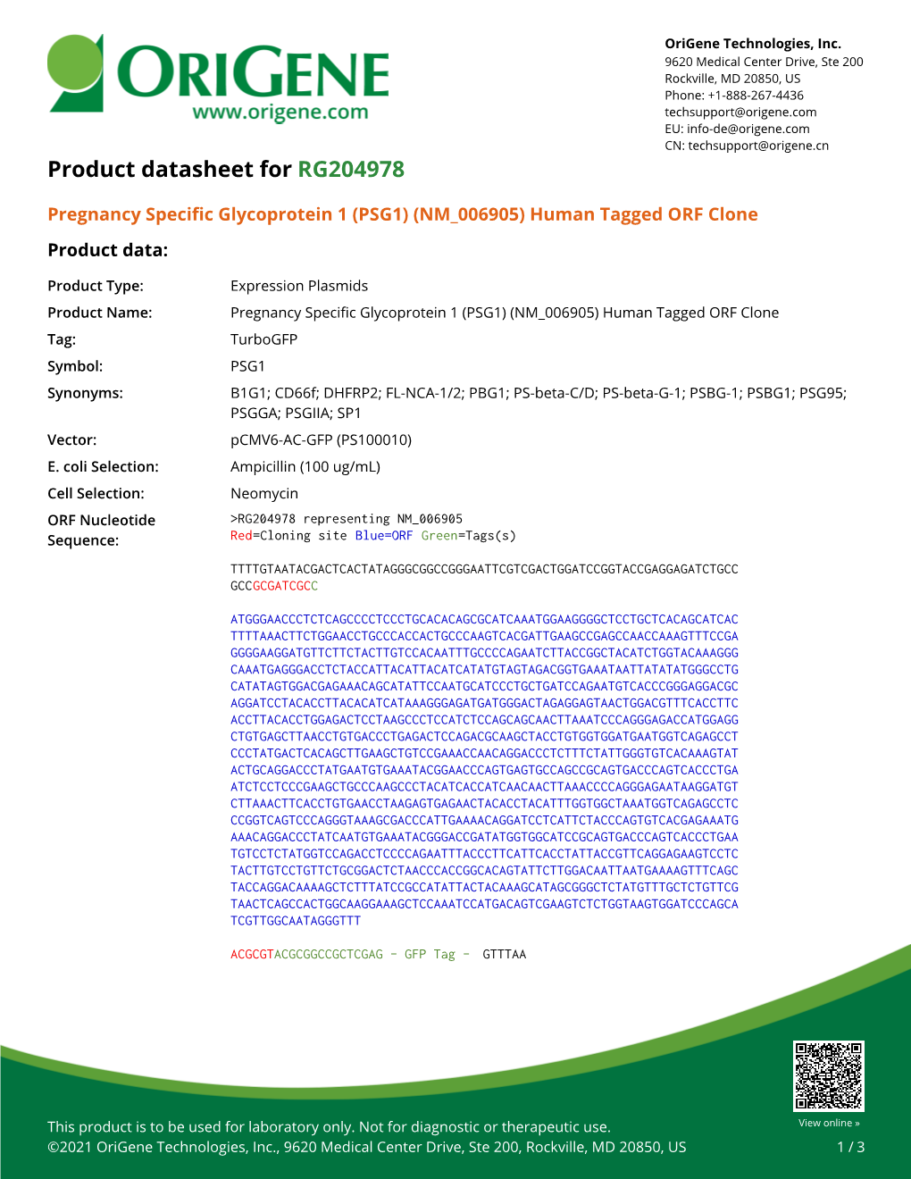 Pregnancy Specific Glycoprotein 1 (PSG1) (NM 006905) Human Tagged ORF Clone Product Data