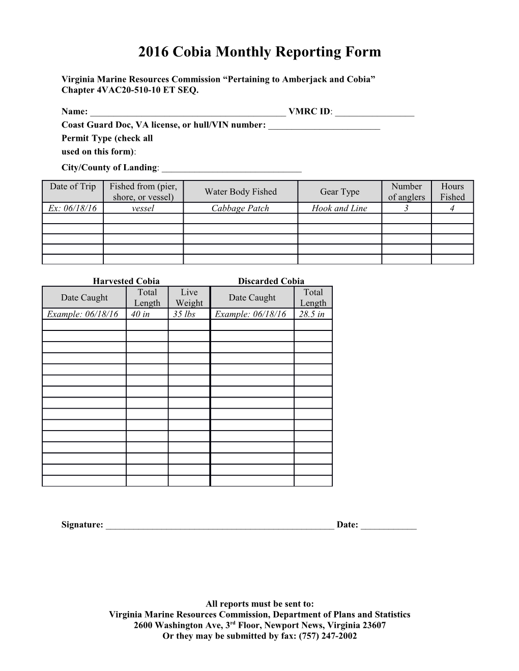 2016 Cobia Monthly Reporting Form