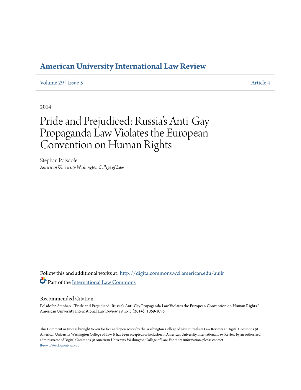 Russiaâ•Žs Anti-Gay Propaganda Law Violates the European Convention