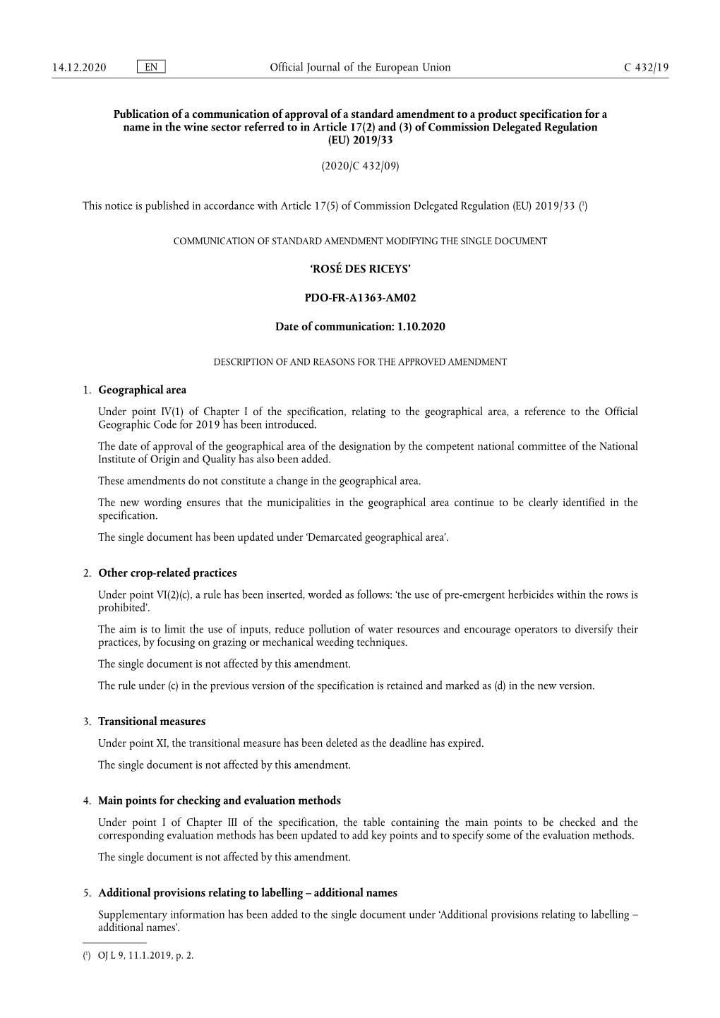 Publication of a Communication of Approval of a Standard Amendment