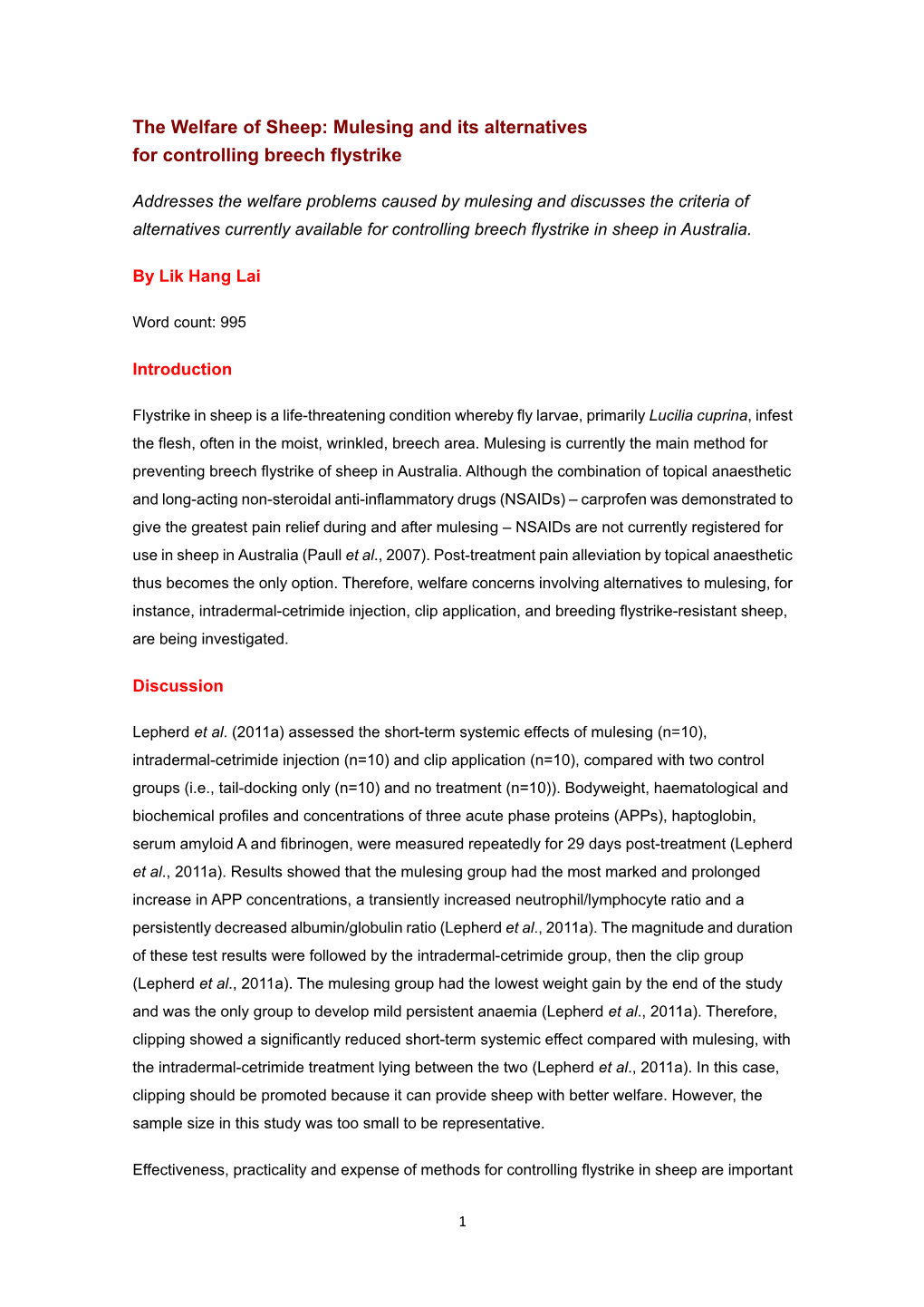 The Welfare of Sheep: Mulesing and Its Alternatives for Controlling Breech Flystrike